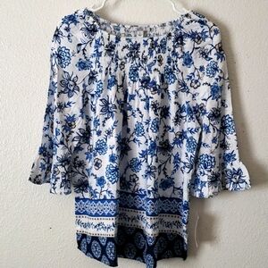 Croft & Barrow Blue Print Peasant Top Size Small